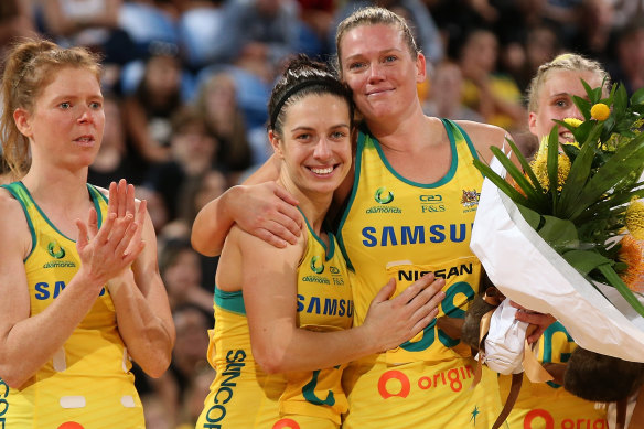 Australia’s Ash Brazill and Caitlin Thwaites after winning the Constellation Cup against New Zealand in 2019.