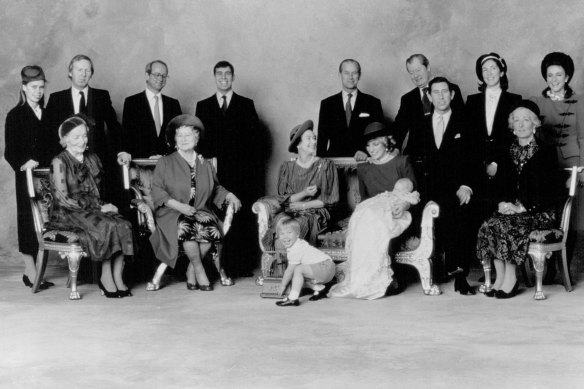 The royals gather for Prince Harry’s christening in 1984. Seated from left: Lady Fermoy (Diana’s grandmother), the Queen Mother, The Queen, Prince William (fore), the Princess of Wales with Prince Harry, the Prince of Wales and Mrs Shand-Kydd (Diana’s mother). Standing from left: Lady Sarah Armstrong-Jones, Bryan Organ, Gerald Ward, Prince Andrew, Prince Philip, Lord Spencer, Lady Cece Vestey and Mrs William Bartholomew (ex Carolyn Pride).