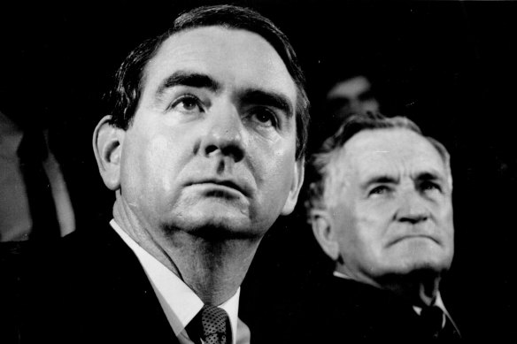 Former Queensland premier Mike Ahern with his then deputy, Bill Gunn, in 1987.
