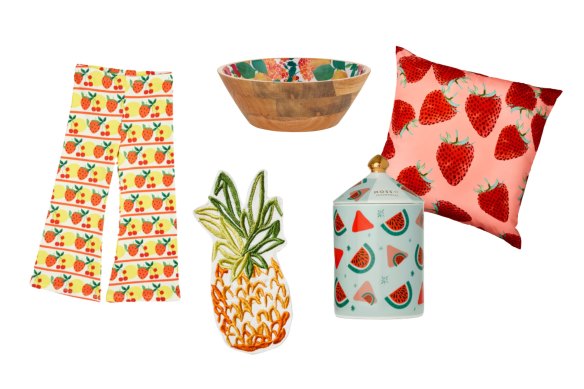 “Fruits” kid’s trousers; “Pineapple” cocktail napkins; “Capri” bowl; “Watermelon Crush” candle; “Strawberries” outdoor cushion.