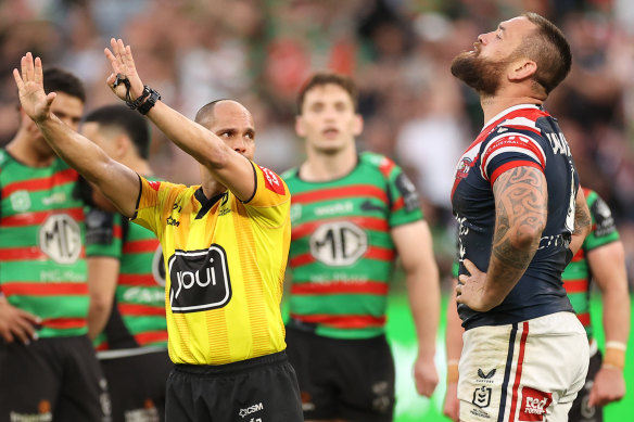 Jared Waerea-Hargreaves is marched from Allianz Stadium by Ashley Klein.