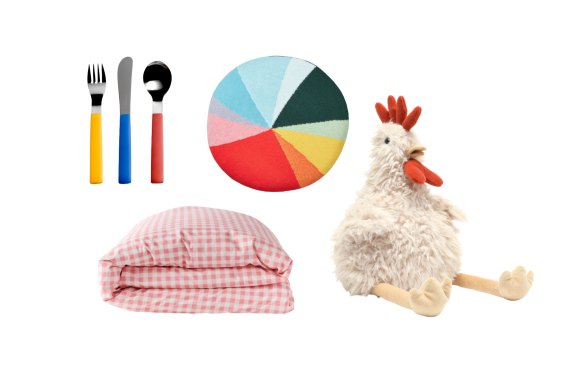 “Child’s Set” cutlery; “Gingham Candy” quilt cove; “Pie Chart” floor cushion; “Roy the Rooster” soft toy.