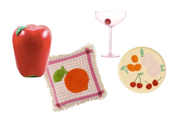 “Giant Red Apple” stool; “Moraga” cushion; “Manhattan” glass; “Fruitful” plate.