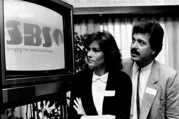 News presenters George Donikian and Patrice Newell in the Elizabeth Street headquarters of SBS in 1985.