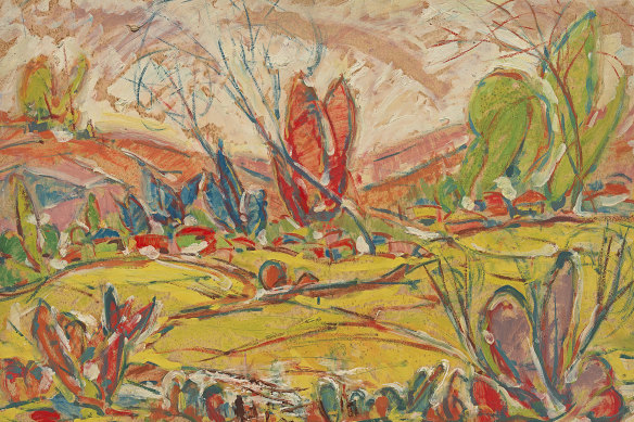 Red and lime green: Kemp's early works such as Music In Nature c. 1936 are more figurative but still have a geometric quality. 