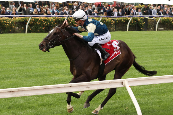 Jockey John Allen with Hitotus after winning the 2021 Victoria Derby. 