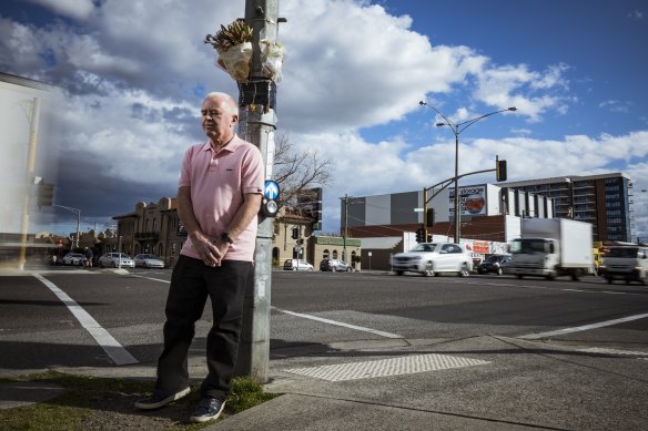 Daryl Kennedy at the intersection where his mother Rosemary Kennedy was fatally struck by a car. 