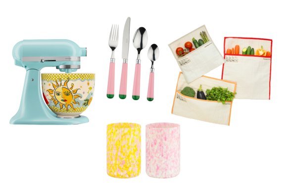 KitchenAid x Alemais stand mixer and bowl; 16-piece cutlery set; “Macchia” tumblers; “Taster Bundle” produce storage bags.