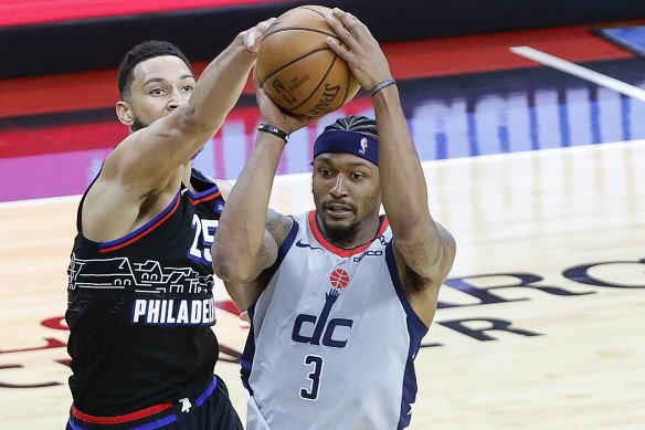 Simmons blocks Bradley Beal of the Wizards. The Australian is a contender for defensive player of the year.