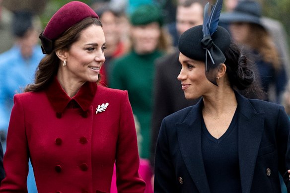 Catherine, Duchess of Cambridge and Meghan, Duchess of Sussex attend the Christmas Day church service at Sandringham in 2018.