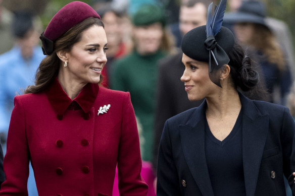 Catherine, Duchess of Cambridge and Meghan, Duchess of Sussex attend the Christmas Day church service at Sandringham in 2018.