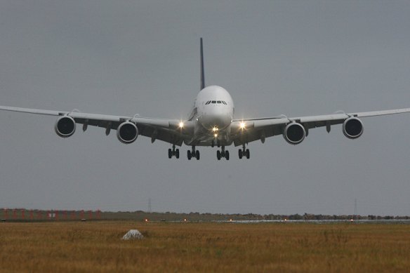 The first-ever Airbus A380 commercial flight touches down in Sydney after flying from Singapore in October 2007.