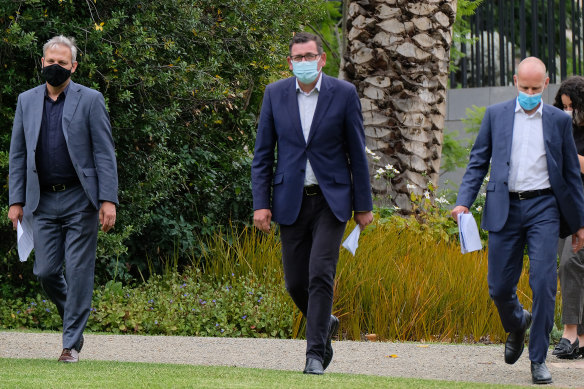 Chief Health Officer Brett Sutton, Premier Daniel Andrews and testing commander Jeroen Weimar on Saturday.