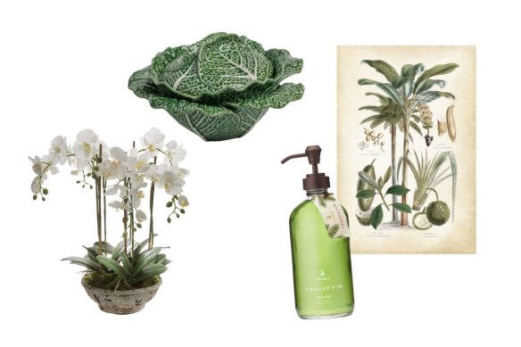 “Orchid” faux flower; “Couve Cabbage” serving tureen; “Frasier Fir” hand wash; “Hamptons Palm II” print  