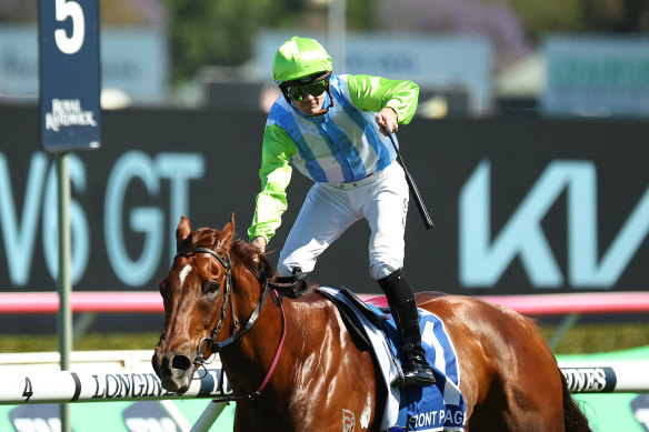 Jockey Tyler Schiller prepares to salute as Front Page takes out The Kosciuszko last year.