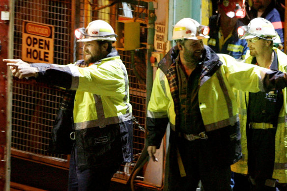 Todd Russell (left) and Brant Webb emerge from the Beaconsfield mine after 14 days trapped underground in 2006.