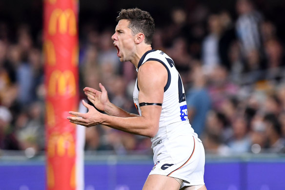 Josh Kelly of the Giants after scoring a vital goal against the Lions. 