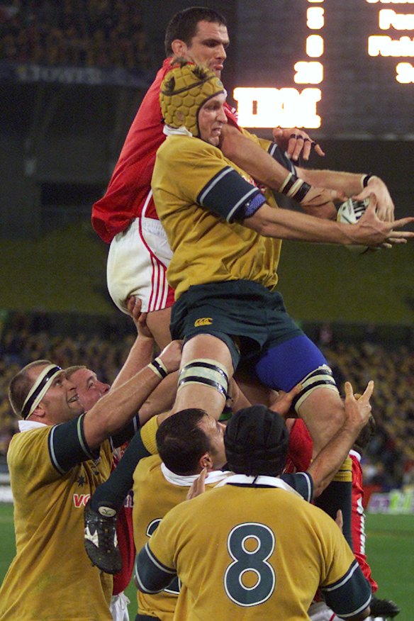 Justin Harrison grabs the key ball from the Lions Martin Johnson in 2001 to clinch the series. 