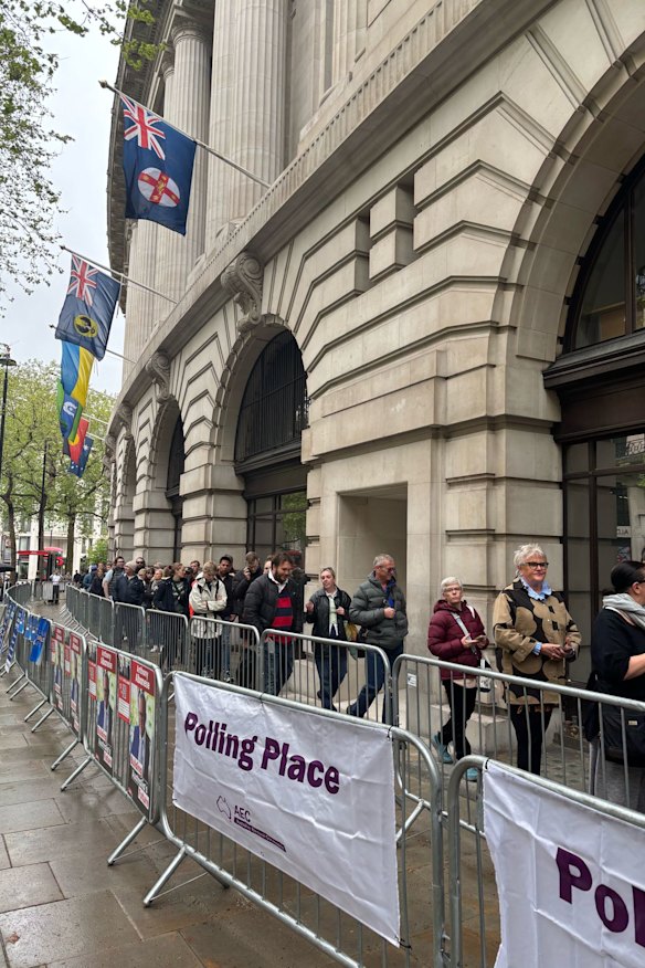 Voters line up outside Australia House in London, the largest overseas booth.