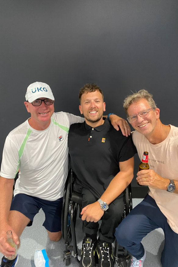 Crowe (right) with Ash Barty’s coach Craig Tyzzer and Dylan Alcott.