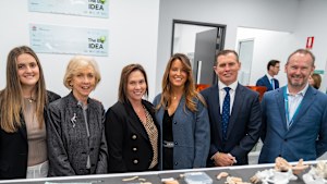 Madeline Walker, Sue Walker, Camille Walker, Georgia Vesperman, Chad Walker and Professor Johnathan Clark at the Chris O’Brien Lifehouse cancer centre.