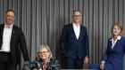 Retail bank bosses at the AFR Editors Forum: Angus Sullivan, CBA; Rachel Slade, NAB; Chris de Bruin, Westpac; and Maile Carnegie, ANZ.