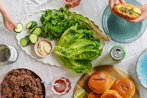 Pork burgers with red curry and coriander mayo.