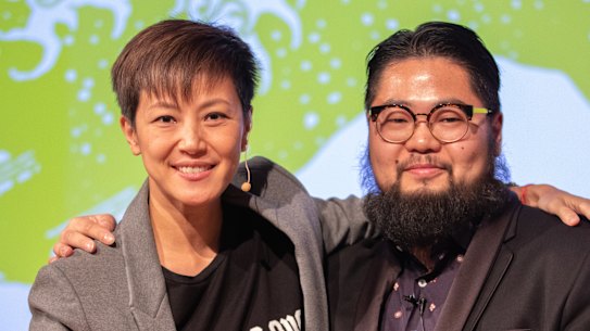 Denise Ho and Chinese political cartoonist Badiucao before the start of the panel event in Melbourne.