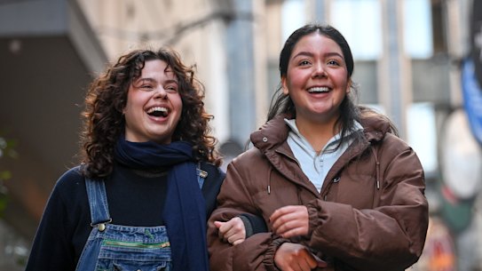 Vox pops on Melbourne liveable city. Vitoria Hronopoulos, left, and Veronica Pena Negrette. 21 June 2023. The Age News. Photo: Eddie Jim,.