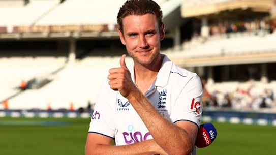 England’s Stuart Broad gestures after announcing his retirement from cricket at the end of play on day three.
