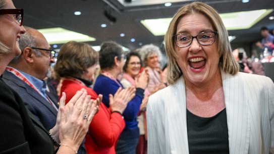 Premier Jacinta Allan receives a standing ovation at Labor’s state conference on Saturday.