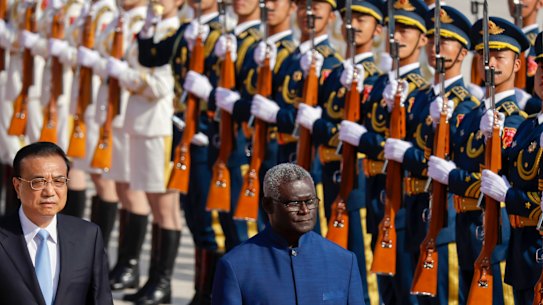 Chinese Premier Li Keqiang, left, and Solomon Islands Prime Minister Manasseh Sogavare in Beijing in 2019.