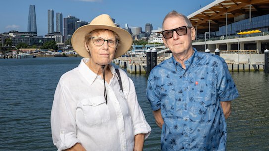 The Glebe Society’s Asa Wahlquist and Duncan Leys in front of the new Sydney Fish Market, which will open on Monday.