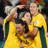 Hayley Raso (C) of Australia celebrates with teammates after scoring her team’s second goal during the FIFA Women’s World Cup Australia & New Zealand 2023 Round of 16 match between Australia and Denmark at Stadium Australia on August 07, 2023 in Sydney, Australia. 