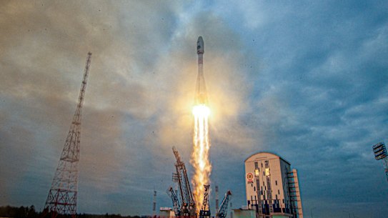 Luna-25 blasts off from a launchpad at the Vostochny Cosmodrome in the far eastern Amur region, Russia.