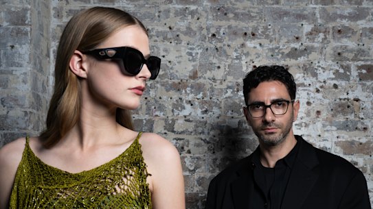 Designer Christopher Esber with a model wearing his new glasses.