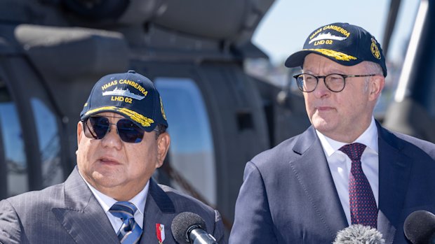 Indonesian President Prabowo Subianto and Prime Minister Anthony Albanese on the flight deck of HMAS Canberra in Sydney, where they announced a defence pact last week.