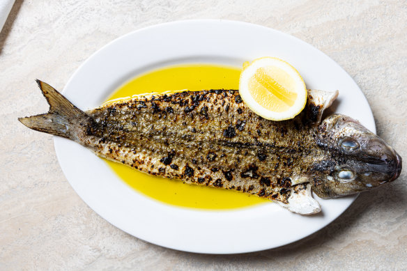 Grilled whole King George whiting with lemon and olive oil.