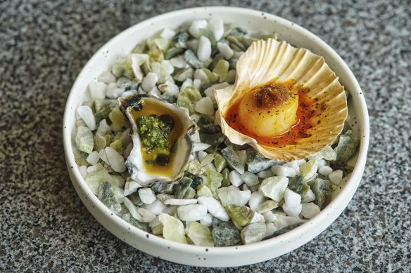 Rock oyster with green chilli relish and grilled scallop inasal.
