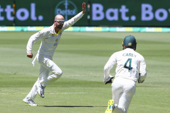 Nathan Lyon after taking Ollie Pope’s wicket.