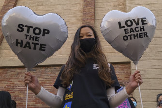 Chinese-Japanese American student Kara Chu, 18, prepares for the rally “Love Our Communities: Build Collective Power” to raise awareness of anti-Asian violence in Los Angeles, last week.