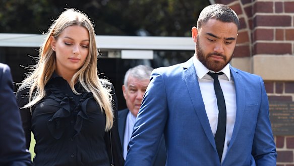 Dylan Walker and Alexandra Ivkovic leave Manly Local Court hand in hand in December.