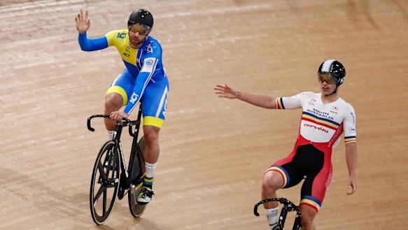 Nathan Hart, left, beat James Brister in the final of the men's sprint at the national track cycling championships in Brisbane on Thursday. 