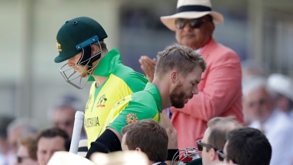 Wounds healing: David Warner passes Steve Smith after being dismissed against New Zealand.