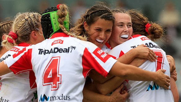 The Dragons celebrate a try during their impressive 2022 campaign.