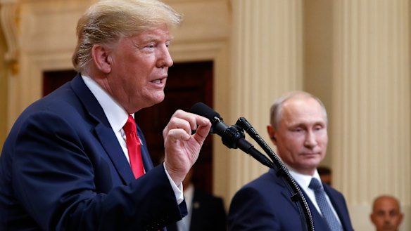 Donald Trump and Vladimir Putin at a press conference in Helsinki.