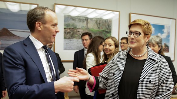 UK Foreign Secretary Dominic Raab with Foreign Minister Marise Payne at Parliament House on Thursday. 