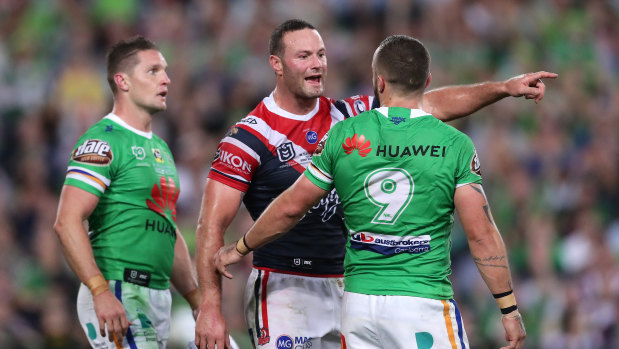 Boyd Cordner and Josh Hodgson dispute the Cooper Cronk sin bin call.