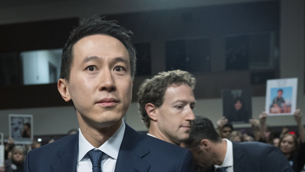 TikTok CEO Shou Zi Chew arrives to testify together with Meta CEO Mark Zuckerberg, right, at a Senate Judiciary Committee hearing  in Washington in January.