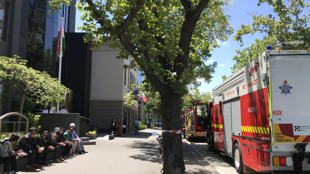 Fire crews outside the Indian consulate on St Kilda Road.